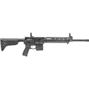 Black semi-automatic rifle with adjustable stock and sleek barrel design.