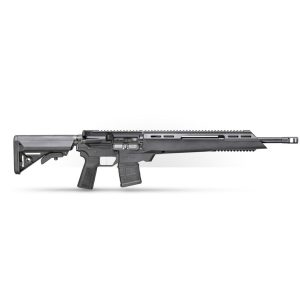 Black semi-automatic rifle with tactical design, featuring a sleek barrel and an adjustable stock, showcased against a white background.