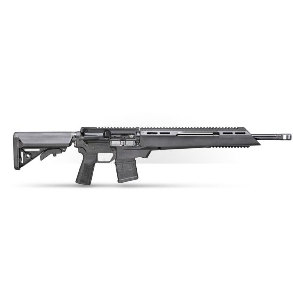 Black semi-automatic rifle with tactical design, featuring a sleek barrel and an adjustable stock, showcased against a white background.