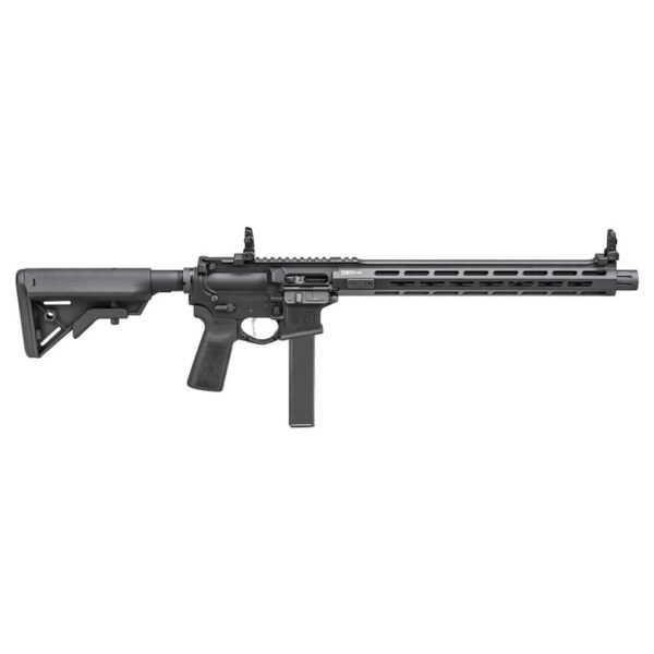 Black semi-automatic rifle with adjustable stock and long barrel.