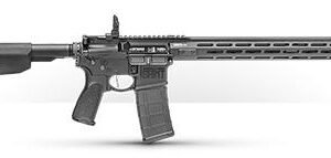 Semi-automatic rifle with a black adjustable stock, black pistol grip, and a long, slim, black handguard with picatinny rails, shown in a side view.