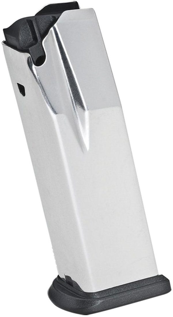 Silver firearm magazine with a black baseplate, angled view.