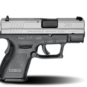 Black polymer grip and silver slide springfield armory xd firearm.