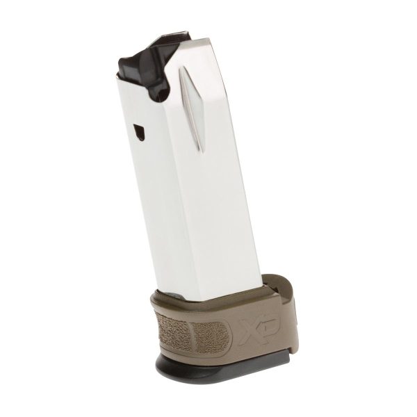 Silver firearm magazine with black tip and olive green base, labeled xp.