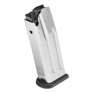 Silver pistol magazine with a black baseplate.