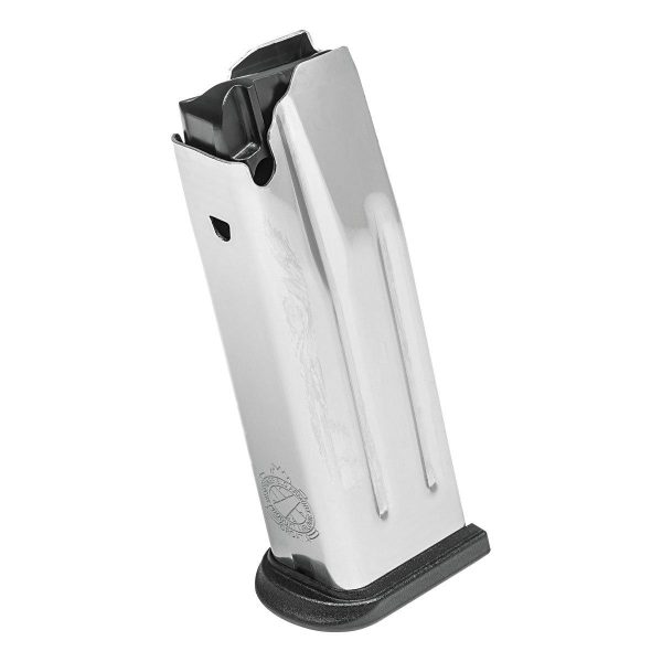 Silver pistol magazine with a black baseplate.