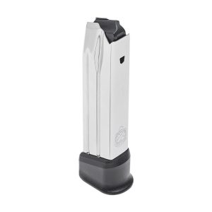 Silver magazine for a firearm with a black baseplate, featuring a sleek metal body and marked logo, representative of gun accessories and ammunition.
