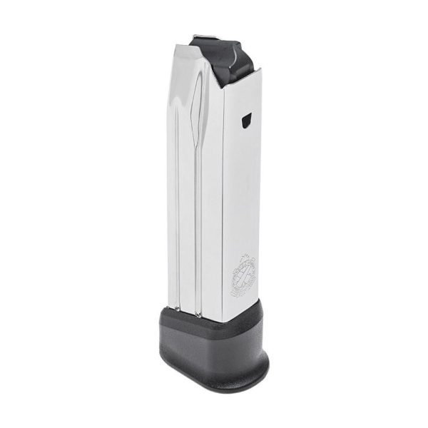 Silver magazine for a firearm with a black baseplate, featuring a sleek metal body and marked logo, representative of gun accessories and ammunition.