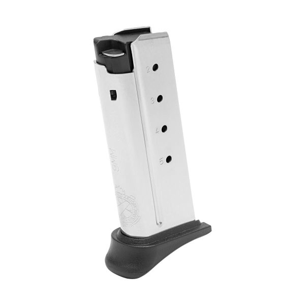 9mm stainless steel handgun magazine with black base, showing capacity numbers, angled view.