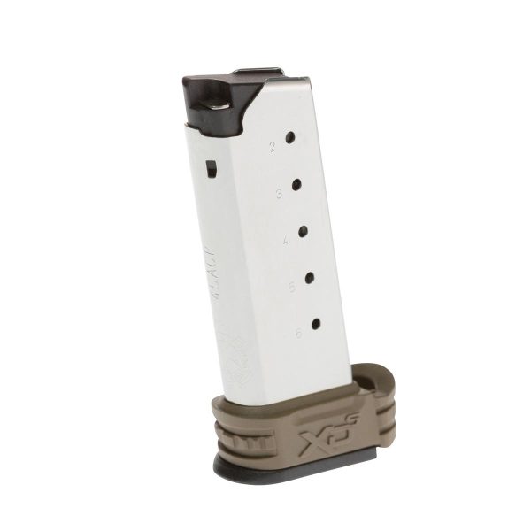 A silver handgun magazine with visible bullet indicator holes, marked "45acp," featuring a tan baseplate with black accents.