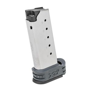Silver firearm magazine with black base marked "xd-s" for. 45 acp, showcasing bullet indicator holes numbered 2 to 6.