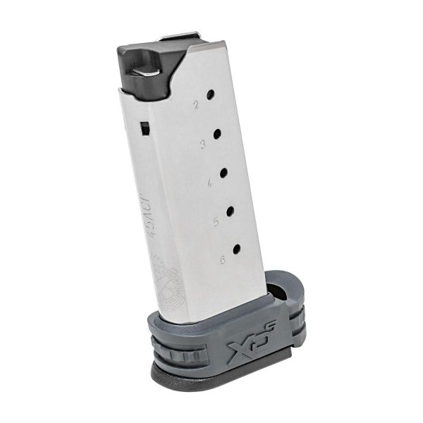 Silver firearm magazine with black base marked "xd-s" for. 45 acp, showcasing bullet indicator holes numbered 2 to 6.