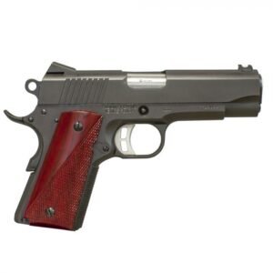 Black handgun with red wood grip, showing the barrel with "9mm" inscribed, placed on a white background.