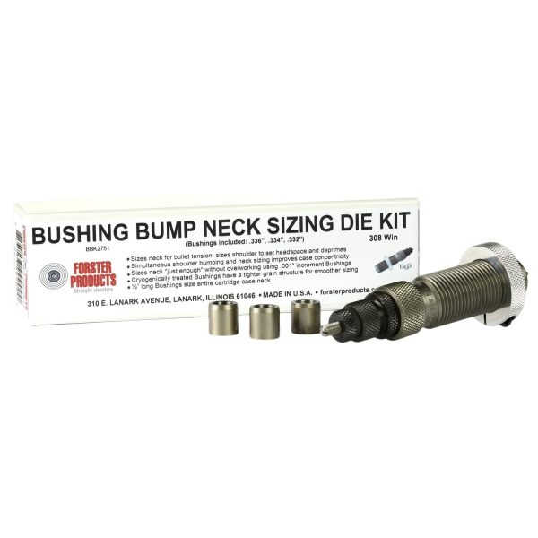 Bushing bump neck sizing die kit with metal components in front of a white box labeled “forster products. ”