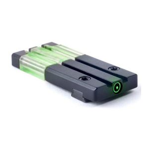 Black firearm sight with neon green highlights and two screws, viewed from an angle.