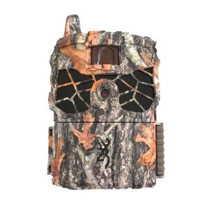 Camouflage trail camera with a leaf and bark pattern, featuring a prominent lens and geometric design.