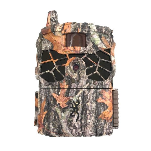 Camouflage trail camera with a leaf and bark pattern, featuring a prominent lens and geometric design.
