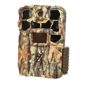 Camo trail camera with a tree bark pattern and black logo.