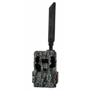 Camouflage-patterned trail camera with a black antenna.