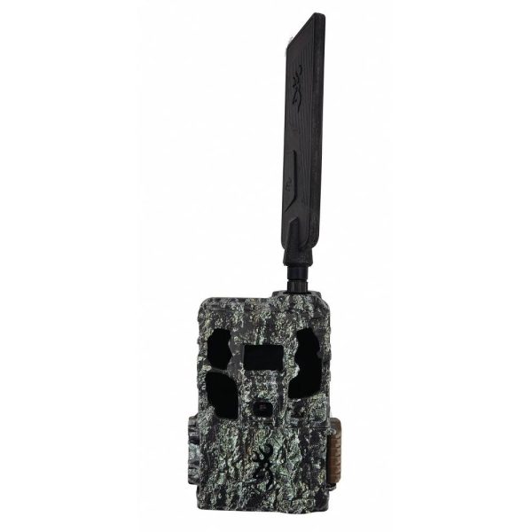 Camouflage-patterned trail camera with a black antenna.