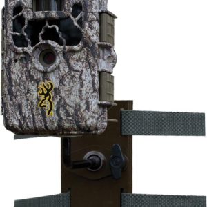 Camouflage trail camera with gray and brown bark-like pattern, mounted on a green strap and bracket system.