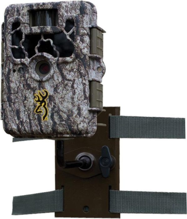 Camouflage trail camera with gray and brown bark-like pattern, mounted on a green strap and bracket system.