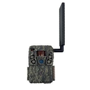 Camouflage trail camera with a black antenna.