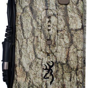 Camo-patterned electronic device with a Browning logo, featuring a textured tree bark design in shades of brown and tan, equipped with a power cable.