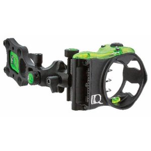 Black and green archery sight with adjustment knobs and fiber optic pins.
