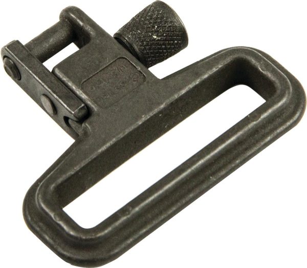 Black metal gun sling swivel with a textured knob, suitable for firearms accessories.
