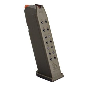 Olive green glock 9mm magazine with visible round count holes, orange follower, and base plate.