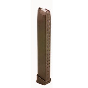 Black extended gun magazine with visible round indicators.