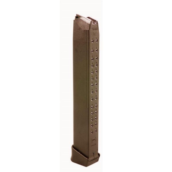 Black extended gun magazine with visible round indicators.