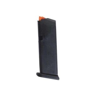 Black handgun magazine with orange follower on white background.