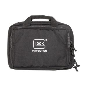 Black gun carrying bag with white "Glock Perfection" logo, featuring dual zippers and handles, suitable for firearms and ammo storage, located in Casey, Iowa.