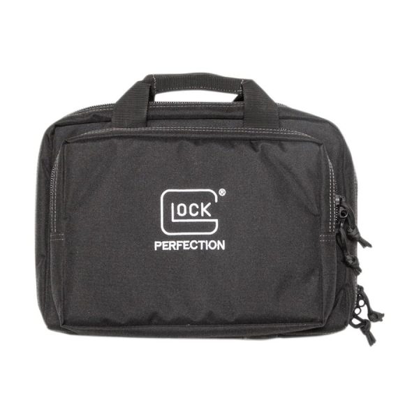 Black gun carrying bag with white "glock perfection" logo, featuring dual zippers and handles, suitable for firearms and ammo storage, located in casey, iowa.