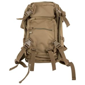 Khaki tactical backpack with multiple compartments and adjustable straps, ideal for firearms and ammo storage, Casey Iowa.