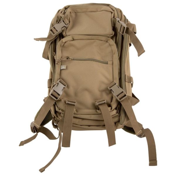 Khaki tactical backpack with multiple compartments and adjustable straps, ideal for firearms and ammo storage, casey iowa.
