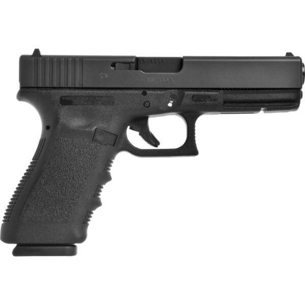 Black semi-automatic handgun with textured grip and sleek finish profile view.