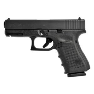 Black semi-automatic handgun with textured grip and rail attachment.