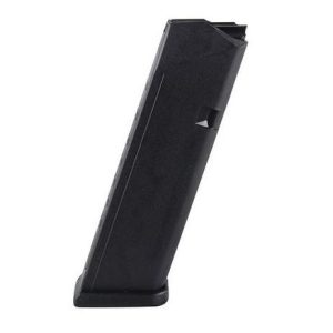 Black handgun magazine standing vertically, isolated on a white background.