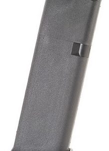 Black firearm magazine standing upright.