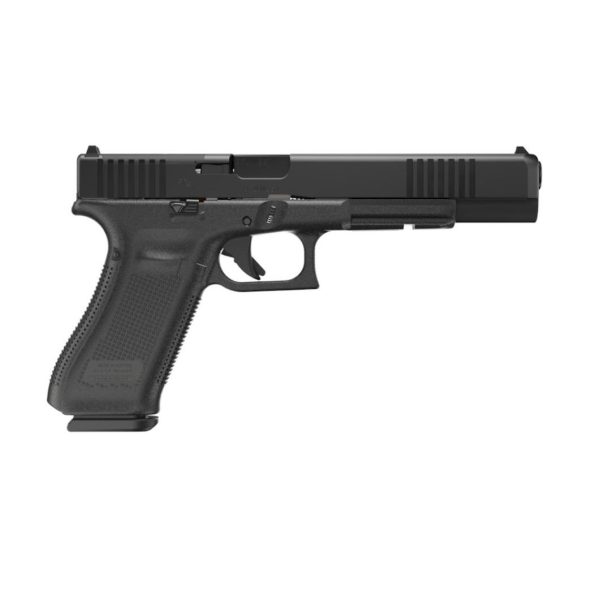Black semi-automatic handgun with textured grip and rail, viewed from the side.