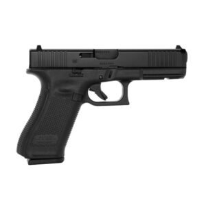 Black semi-automatic handgun with textured grip, isolated on a white background.