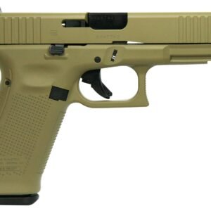 Tan-colored handgun with a polymer frame and textured grip, featuring black trigger and sights.