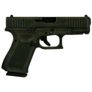 Olive green handgun with textured grip and black accents, placed against a white background.