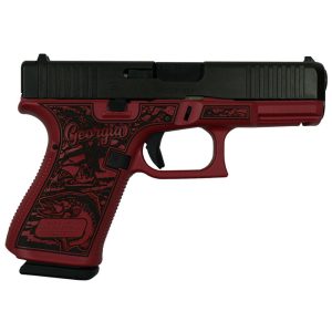 Black and red custom handgun with Georgia-themed engravings.