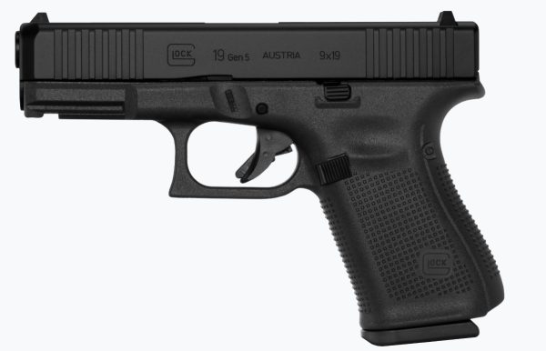 Black glock 19 gen 5 pistol with textured grip, shown in profile against a light background.