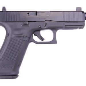 Black semi-automatic handgun with textured grip and threaded barrel on a white background.