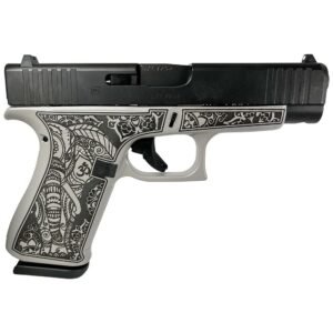 Decorative black and gray handgun with intricate patterns on the grip and slide.